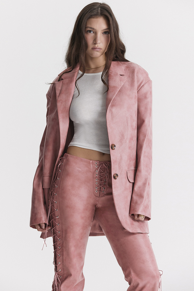 'Kiera' Warm Pink Vegan Leather Oversized Blazer